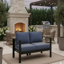 Seeheool 50" All-Weather Aluminum Patio Loveseat with Thick Blue Cushions & Black Frame