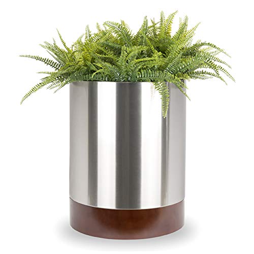 NMN Designs Stainless Steel Metal Planter w/Hardwood Base - Modern Round Indoor Outdoor Pot 18" x 22.5" - Tall Contemporary Cylinder, Architectural Floor/Table Plant Pot, Galvanized, Sphere - Brushed