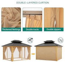 GarveeLife 10x12ft Double Roof Hardtop Gazebo with Netting and Curtains Wood Grain