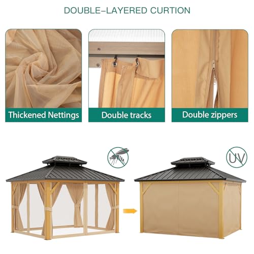 GarveeLife 10x12ft Double Roof Hardtop Gazebo with Netting and Curtains Wood Grain