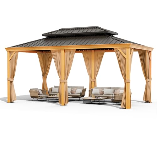 Euker 12x20 FT Outdoor Hardtop Gazebo Heavy-Duty Galvanized Steel Double Roof with Netting and Sunshade Curtains Wood Grain