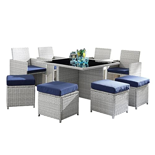 Benjara BM269034 9 Piece Patio Set with Wicker Frame and Ottoman, White