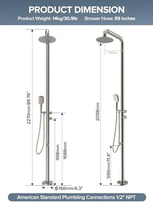WCQQ 316 Stainless Steel Outdoor Floor Shower with 3 Functions, Freestanding 10" Headshower & Handheld Shower for Backyard Patio Relaxation/Easy Garden Clean (Brushed nickel)