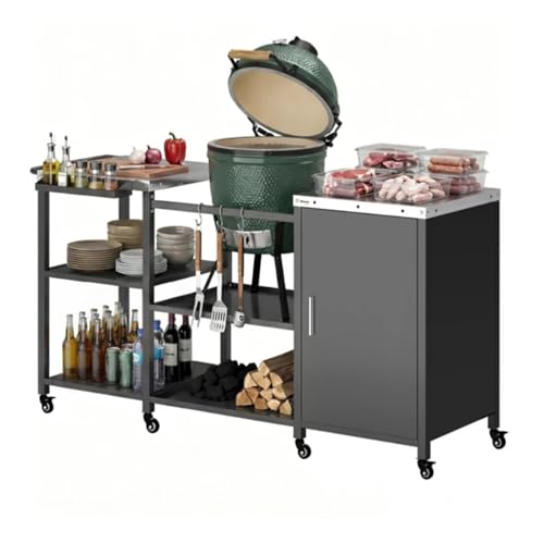 Amgalers 67.7" Outdoor Grill Table Cart, Multi-Functional Prep Station with Cabinet & Open Shelves, Lockable Wheels for Outdoor Cooking