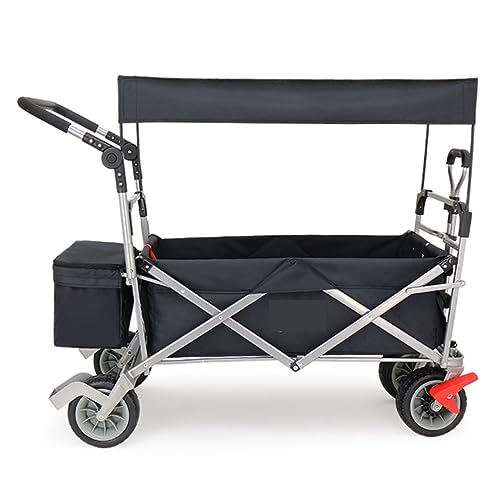 CWENZXDIA Garden Wagon Folding Garden Trolley Cart Heavy Duty Wagon with Canopy for Outdoor Camping Beach Pull Truck with 4 Wheels Utility Cart(Black)