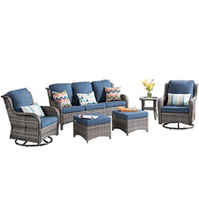 Generic 6 Piece Outdoor Patio Furniture Set Wicker Conversation Bistro Set with Swivel Rocking Chairs and Side Table Denim Blue