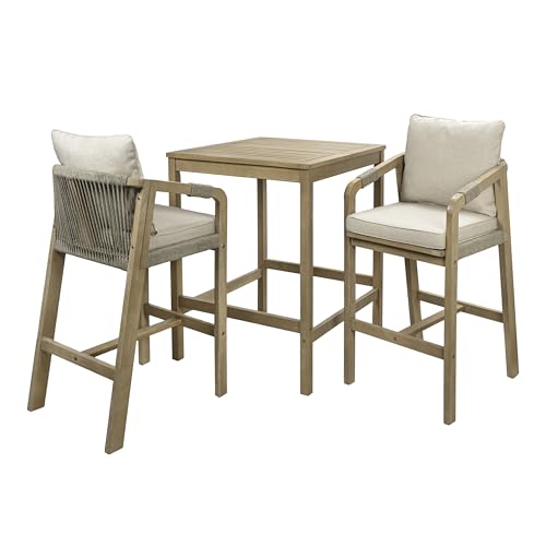 JONATHAN Y Porto 3-Piece Acacia Wood High-Top Bar Square Table Set, Beige