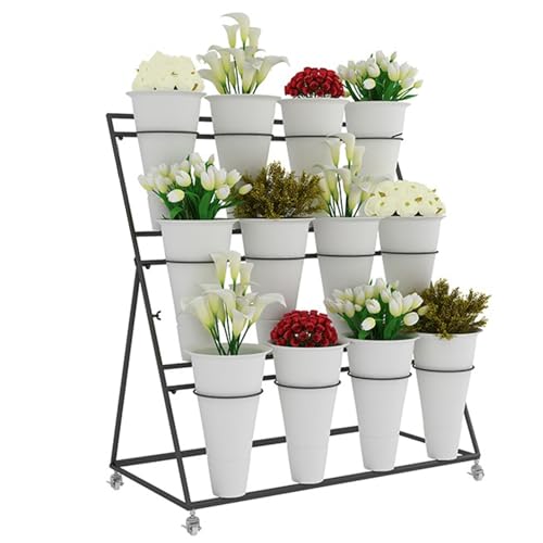 Flower Display stand s with Flower Buckets, Movable Plant Cart Shelf Cut Flowers Container Shelf, Metal Mobile Florist Bouquet stand for Flower Shop, Wrought Iron Florist（Black White-100×50×110cm）