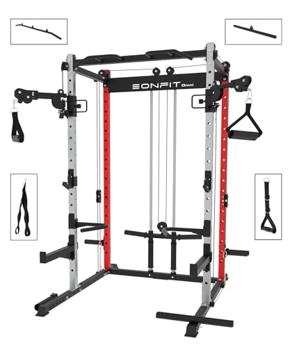 EonfitOmni Power Rack Home Gym Power Cage with Pulley System Cable Crossover LAT Pulldown Fitness Machine Red