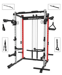 EonfitOmni Power Rack Home Gym Power Cage with Pulley System Cable Crossover LAT Pulldown Fitness Machine Red