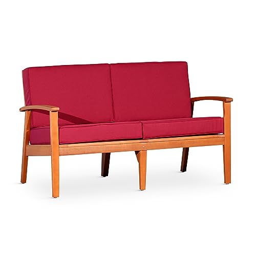 Kaimei Eucalyptus Loveseat with Cushions for Patio, Burgundy, Deep Seating Outdoor Furniture
