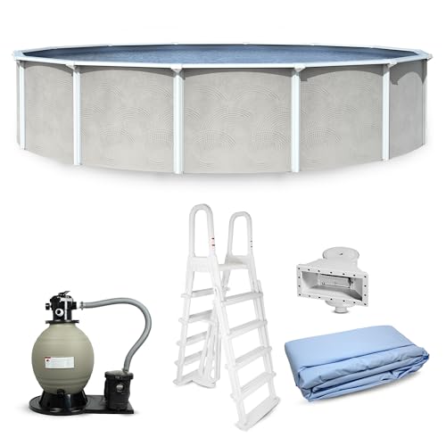 Blue Wave Belize 27-ft Round 52-in Deep Hard Sided Steel Wall Above Ground Pool with 6-in Steel Top Seats, Dual-Speed Sand Filter System, Ladder, Skimmer & Liner – 16,200 Gallon Cap for Family Use