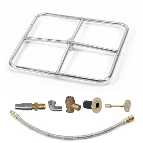 Spotix HPC Square Match Lit Fire Pit Burner Kit (FPSSQ18KIT-PAN-LP-MSCB) with 18x18-Inch Burner and 24x24-Inch Flat Pan, Propane, Polished Chrome, with Flange, Key, Valve, Flex Line and Fittings