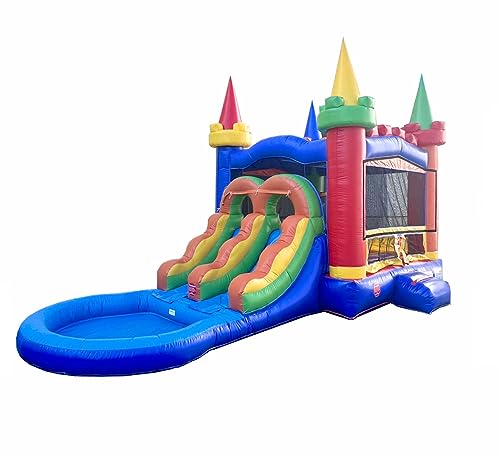 Pogo Bounce House Inflatable Castle Combo with Slide and Water Pool Rainbow
