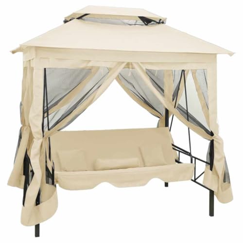 Gazebo Swing Bench with Canopy and Curtains, Convertible Bed Swing Seat, Cream White Outdoor Patio Garden Furniture