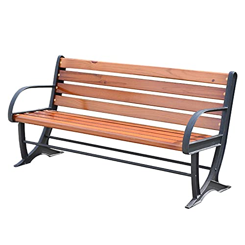 E Patio Garden Bench Terrace Seating Furniture Heavy-Duty Anti-Rust Steel Frame Bench Park Rest Stool Outdoor Weatherproof 5CM Extra-Thick Solid Wood Slat Back Bench for Porch Lawn School