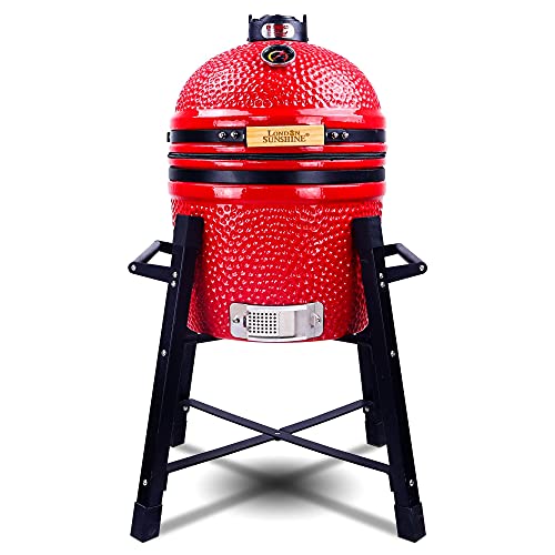 London Sunshine Ceramic Kamado Charcoal BBQ Grill and Smoker, Stainless Steel Grates -15" Ceramic with Tall Stand (RED)