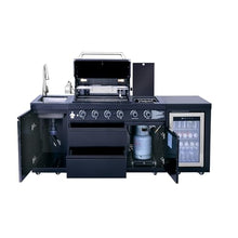 Outdoor Kitchen Island with Built in Grill, 4 Burner 71500 BTU Stainless Steel Gas Barbecue Island, Patio Cooking Station with Refrigerator & Sink, Built In Grill Island for Backyard (Black)