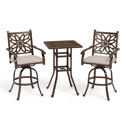 Sophia & William 3 Pieces Cast Aluminum Patio Bar Set with Square Bar Table and 2 Swivel Chairs