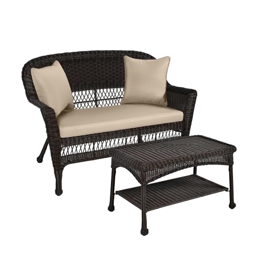 Jeco Wicker Patio Love Seat and Coffee Table Set with Tan Cushion, Black
