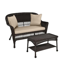 Jeco Wicker Patio Love Seat and Coffee Table Set with Tan Cushion, Black