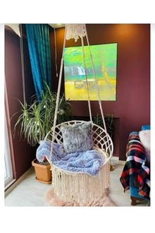 Macrame Hammock Swing Chair, Ecru, One Size, Handmade Cotton Rope, 23.6 x 31.5 in Seat/Back, 220.5 lb Capacity, Scandinavian Style, Includes Steel Anchor & Hook