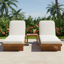Homyee Acacia Wood Loungers with Slatted Side Table and Removable Cushions for Backyard, Poolside, Outdoor Lounge Chairs with Rustic Charm and PE Rattan Weaving for Lawn (2 Lounge Chair & Table)