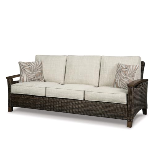 Signature Design by Ashley Paradise Trail Outdoor Sofa, Rust-Proof Aluminum Frame, Resin Wicker Patio Couch with 3 Seater Capacity, Beige Cushions and Throw Pillows, Medium Brown