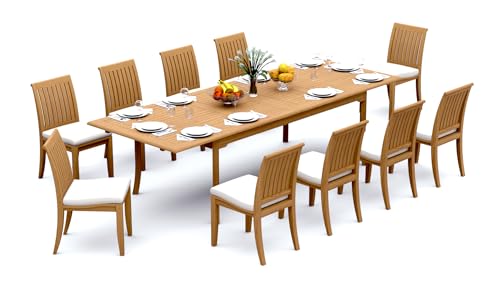 TeakStation 10 Seater Grade-A Teak Wood 11 Pc Dining Set: 118" Double Extension Rectangle Table and 10 Lagos Armless Chairs #31LG2400