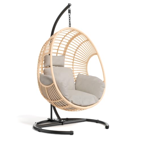 42” Extra Oversized Hanging Egg Chair with Stand, Weatherproof PE Rattan Wicker Swing Hammock Chair, Cushion & Waterproof Cover, 400lbs Capacity for Indoor Outdoor Patio, Garden Balcony & Bedroom