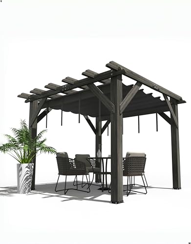 DEXSO 10' x 10' Cedar Wood Pergola with Retractable Shade Canopy Charcoal Gray