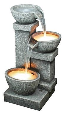 Water Fountain with Halogen Light - Nearly 3 Foot Tall Villa Castle Three Bowl Garden Decor Fountain - Outdoor Water Feature