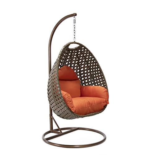 LeisureMod Wicker Rattan Hanging Egg Swing Chair with Stand & Cushion - Orange Swing Chair for Indoor/Outdoor, Patio, Bedroom, Lounge Seat