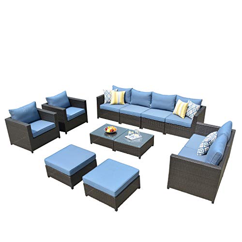 Oviros 12-Piece Patio Furniture Set Outdoor Wicker Rattan Sofa Brown Wicker, Blue