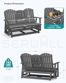 SERWALL 3 Seat Porch Glider Bench with Cup Holdersi and Pad Placement,Gray