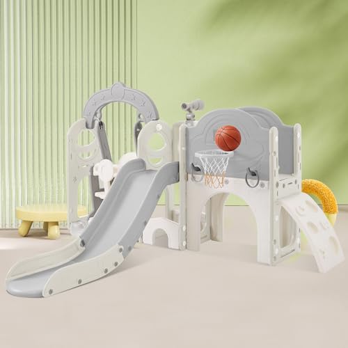 Miscoos 7-in-1 Toddler Playset with Slide, Swing & Basketball Hoop Gray+White