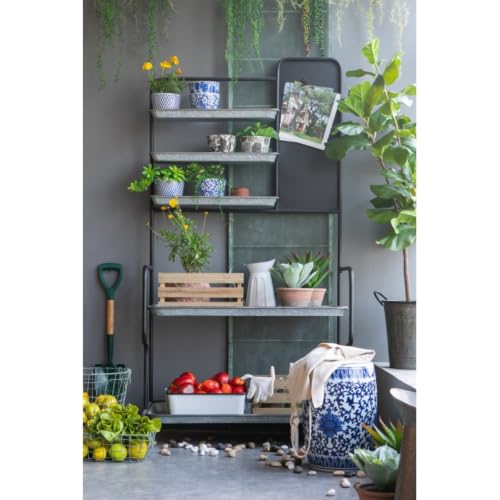 Homyee Rustic Metal Storage Shelf with Galvanized Finish and Matte Black Base for Patio and Home Decor, Outdoor Plant Shelf with Staggered Shelves and Magnetic Board for Craft Room (Black+Silver)