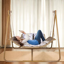 Hammock Swing Chair with Stand for Indoor,Outside, Anti-Rust Wood-Colored Frame 570 lbs Capacity with Cushion Oversized Double Hammock Chair for Balcony Patio Bedroom