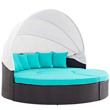 Modway Convene Wicker Rattan Outdoor Patio Retractable Canopy Round Poolside Sectional Sofa Daybed with Cushions in Espresso Turquoise