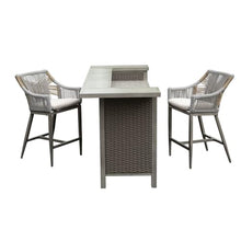 callmego Farmhouse Bar Table Set with 2 Stools and Storage Cabinet for Outdoor Grilling, Patio Entertaining, or Indoor Kitchen Island Use