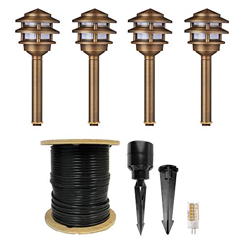 VOLT 12V 3-Tier Brass Pagoda LED Path Light 4-Pack Expansion Kit (Bronze)