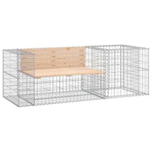 Fisinber 75.6"x75.6" Pine & Galvanized Gabion Outdoor Garden Bench Seats 2-3, Rustic Rectangle Seat for Patio, Lawn, Porch, Park, Untreated Brown Wood Finish for Backyard Conversations