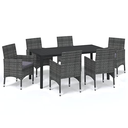 Heofavd 7-Piece Grey PE Rattan Outdoor Dining Set, 72.8" Rectangular Patio Table and Chairs with Steel Frame for 6, Weather-Resistant Cushions, Modern Balcony Garden Backyard Bistro Furniture