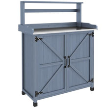 Outdoor Potting Bench with Storage Cabinet and 2 Shelves for Backyard, Lawn, Wooden Work Bench with Galvanized Plated Tabletop and Two-Door Cabinet for Poolside, Garden