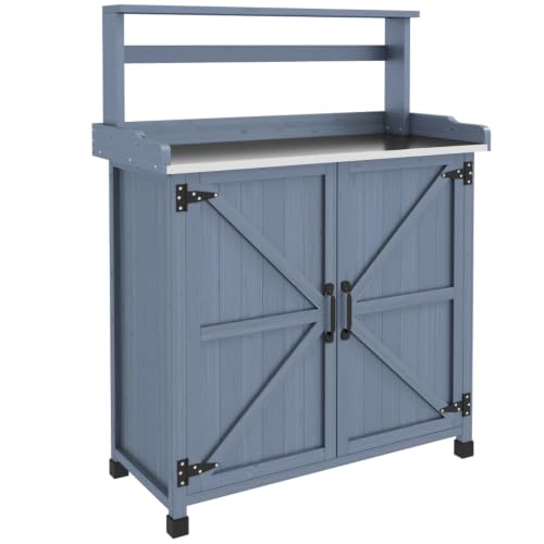 Outdoor Potting Bench with Storage Cabinet and 2 Shelves for Backyard, Lawn, Wooden Work Bench with Galvanized Plated Tabletop and Two-Door Cabinet for Poolside, Garden