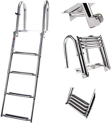 Pool Handrail Handle Grab Rails Swimming Stainless Steel Boat Ladder, Telescopic Folding Ladder for Swim Pool/Boat/Pontoon, 4 Step Stainless Steel