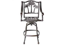 Palm Tree Outdoor Patio 3pc Set Pedestal Bar Table 30" Dark Bronze Cast Aluminum, Walnut Cushions