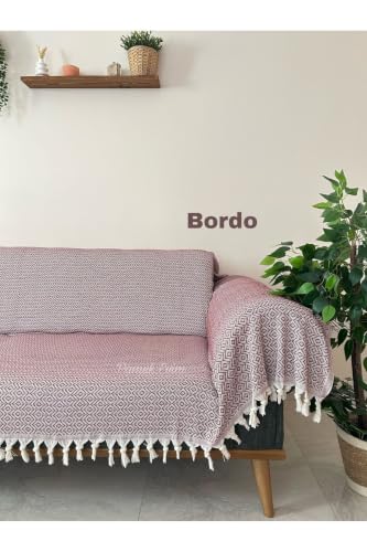 SODEF Buldan Woven Cotton Sofa Cover 71x118 Inches Burgundy Large Size Couch Protector Blanket for 3-Seater Sofa Bedspread Picnic Mat