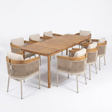 Christopher Knight Home Sirena Acacia Wood Outdoor Dining Set for 8, 9 Piece Patio Dining Table and Chair Set, Solid Wood Outdoor Dining Armchair and Table Set with Cushion, Teak+Beige
