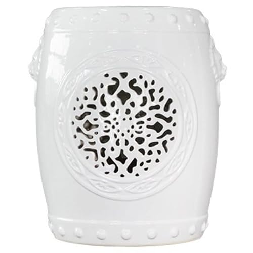 Ceramic Drum Table,Ceramic Drum Stool,Decorative Ceramic Garden Stool, Glazed Hollow Lion's Head Shoe Changing Stool Drum Stool, Suitable for Outdoor Garden,(White)